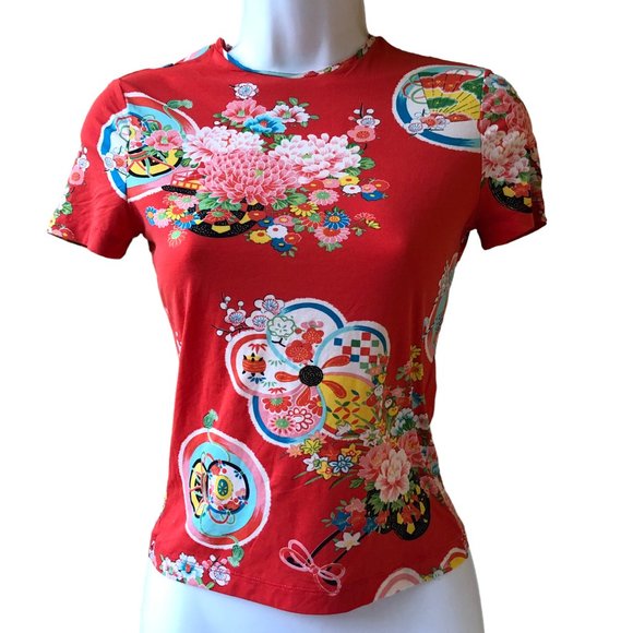 Vintage Floral Orange Short Sleeve Top Made in France Womens 31 Stretch … - Picture 7 of 10